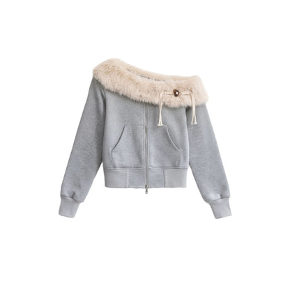 Mist Gray Off-Shoulder Fur Jacket