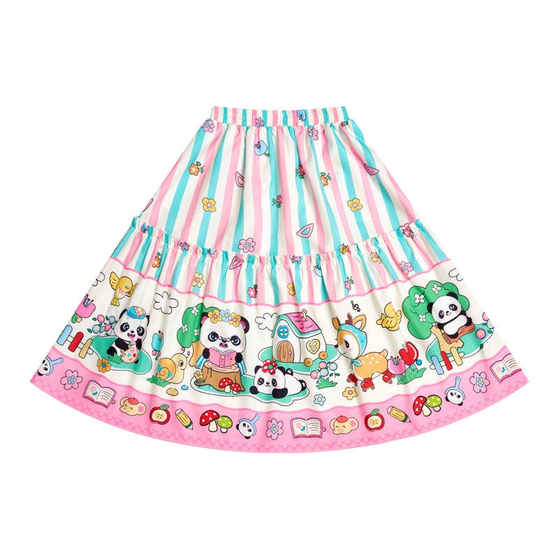 Panda Cartoon Striped Long Elastic Skirt