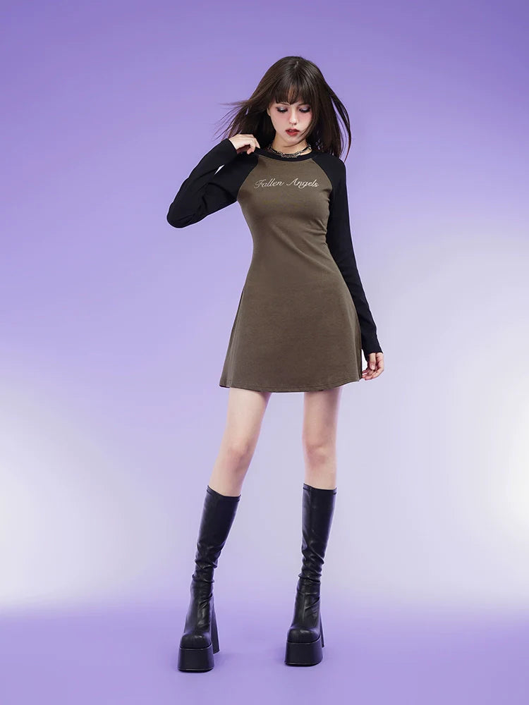 Long Sleeve Chest Lettering T-Shirt Dress