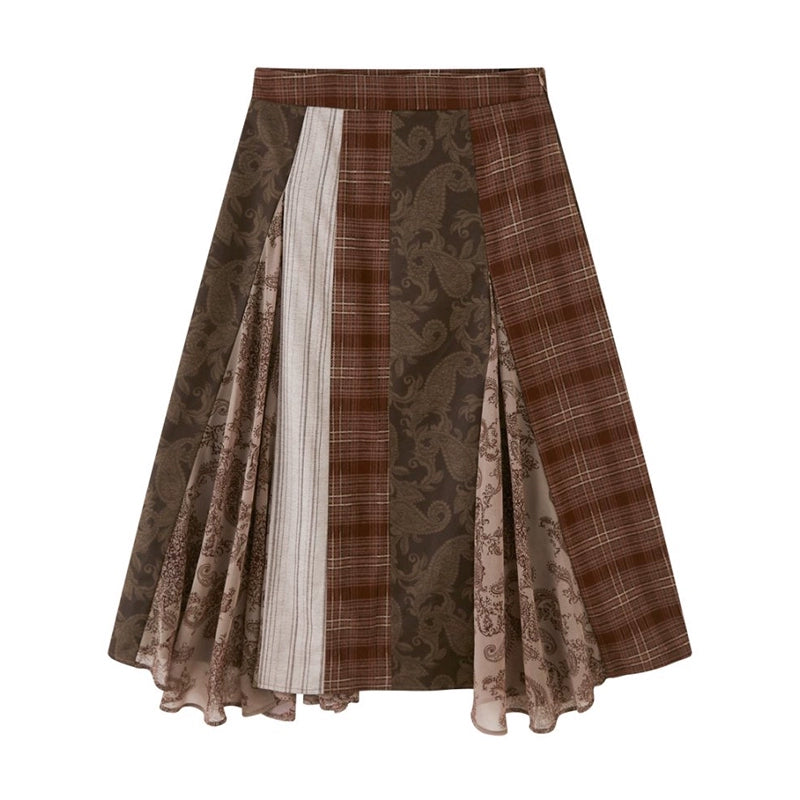 Floral Stitching Brown Skirt