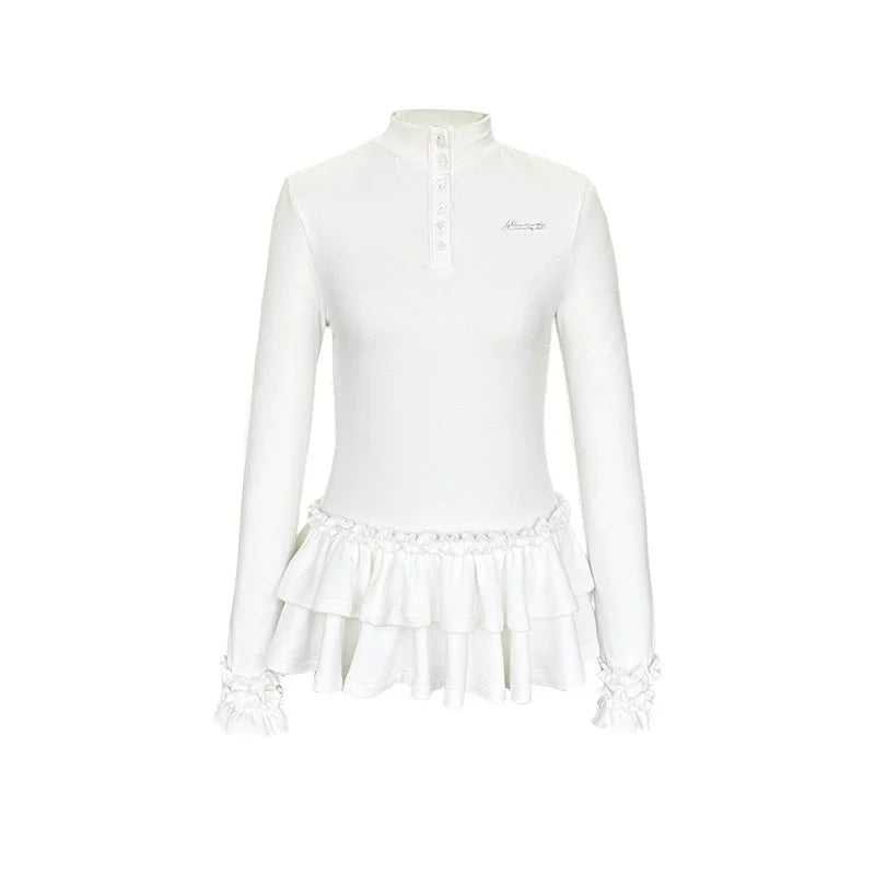 Six-Button Lace Hem Blouse Top