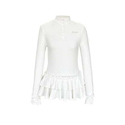 Six-Button Lace Hem Blouse Top