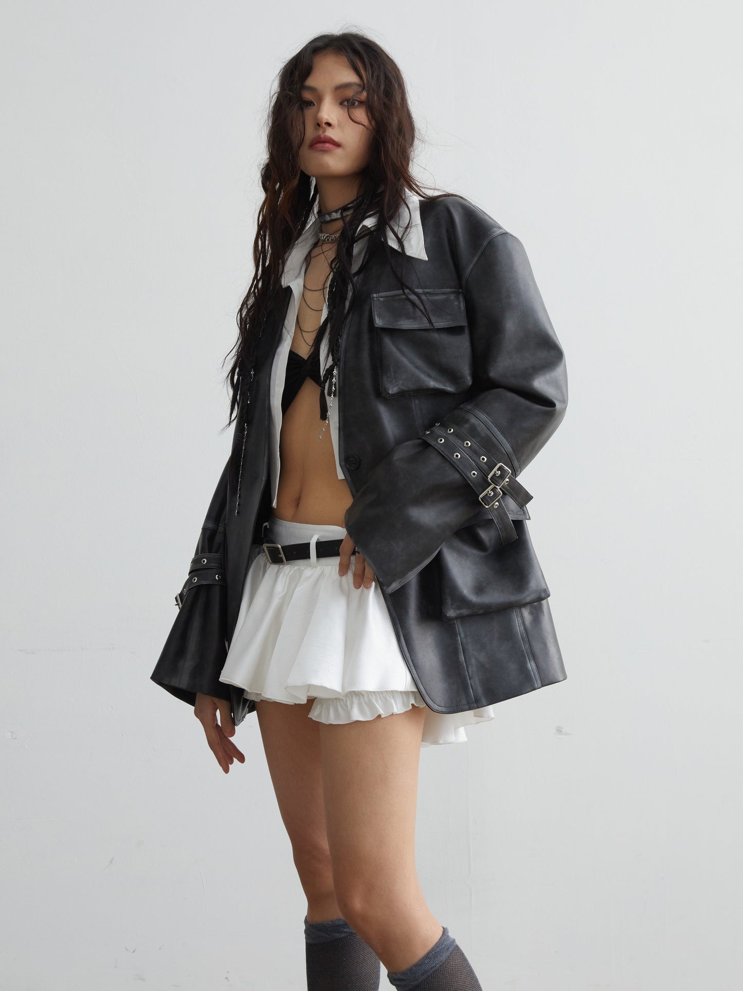 Vintage imitation pocket leather jacket