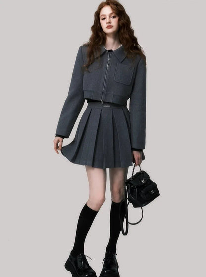 Simple tweed thick jacket short skirt