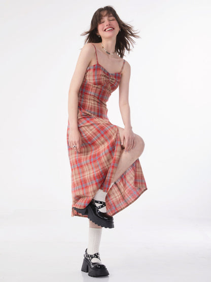 Retro plaid suspender dress