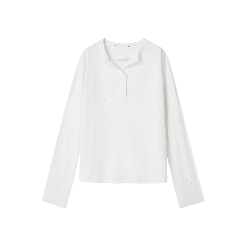 Henry Collar Design Loose Sequin T-shirt
