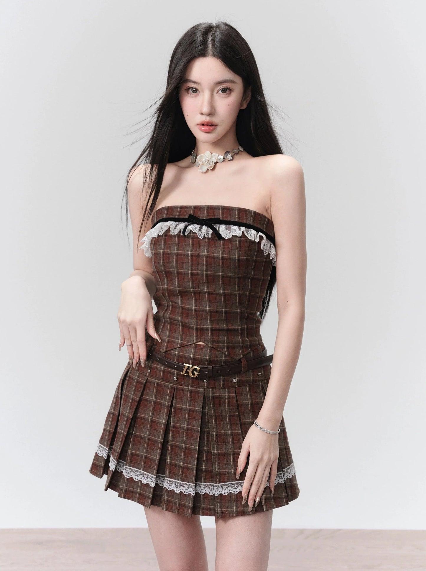 Plaid Bandeau College Waist Set