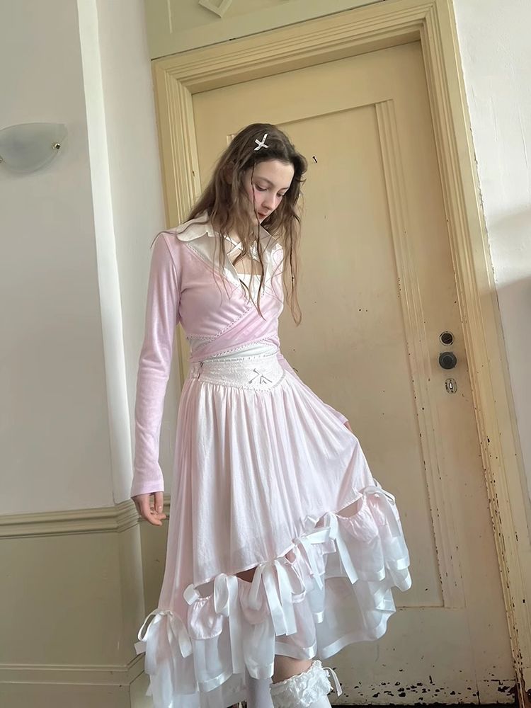 Ribbon lace splicing long skirt