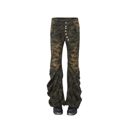 Wash Cotton Camouflage Flared Trousers