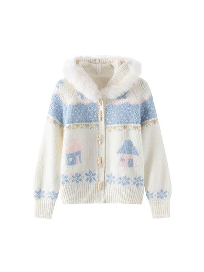 Hooded Jacquard Horn-Button Cardigan