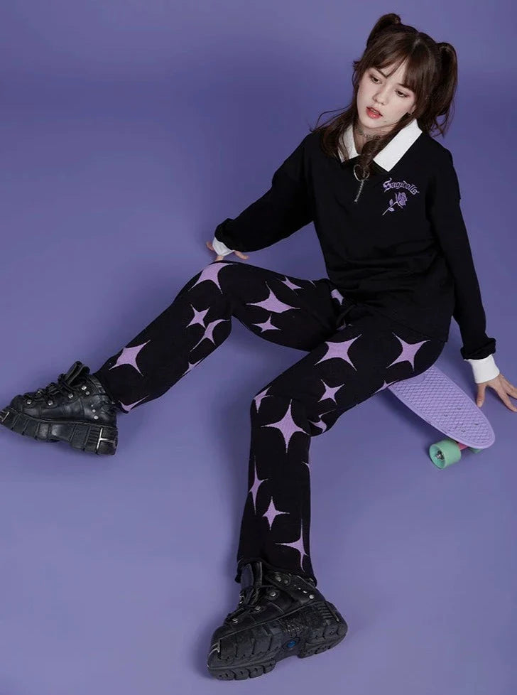 black purple stars sweet cool knitted pants