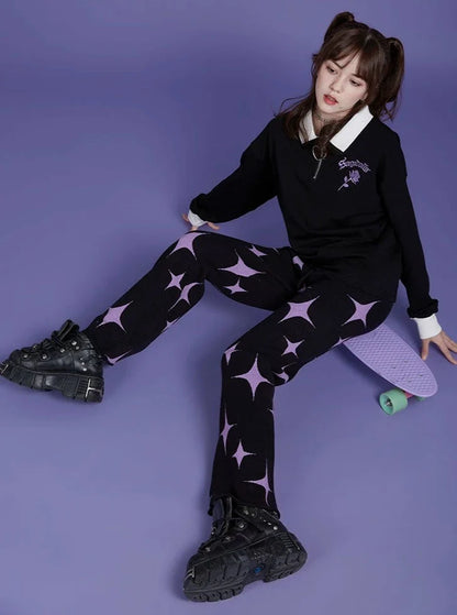 black purple stars sweet cool knitted pants