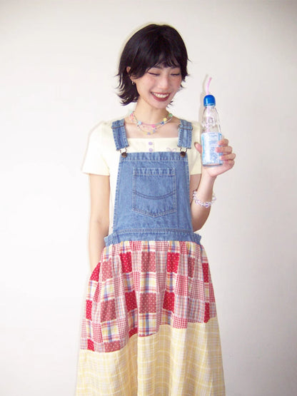 Denim patchwork suspender dress