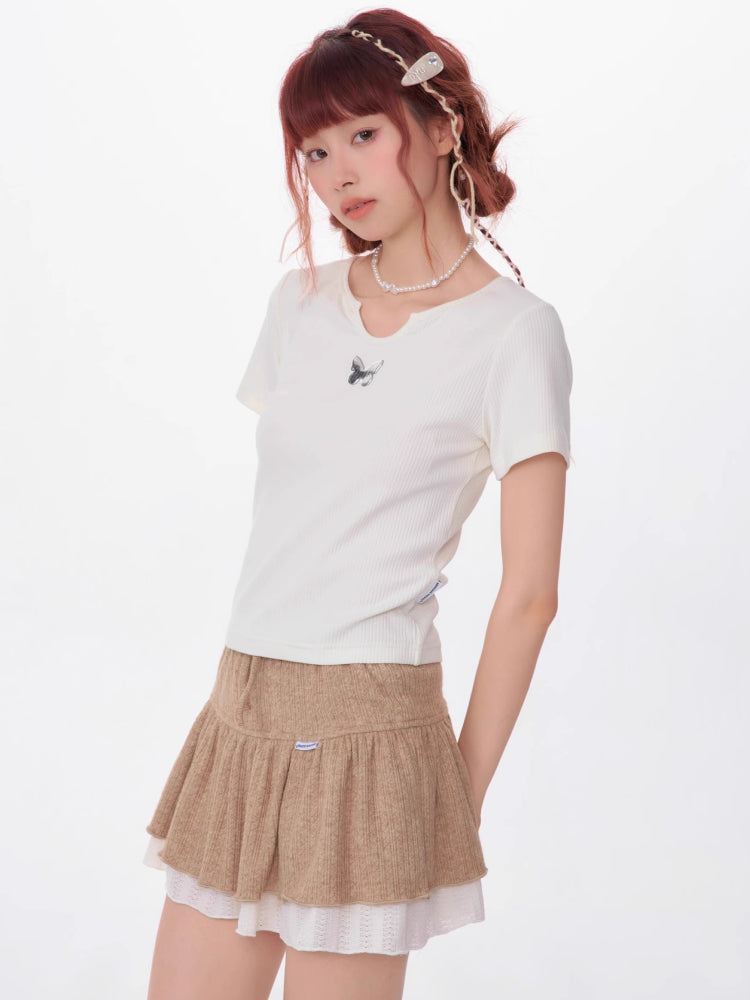 U-neck butterfly short sleeve T-shirt