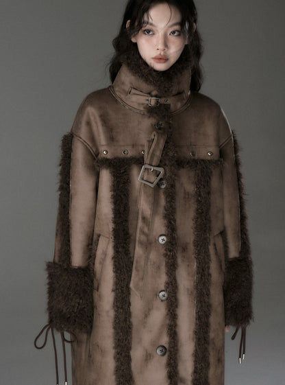 Long lamb fur integrated stitching jacket