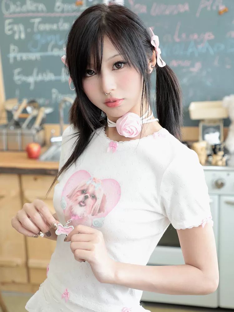 Round neck lace short sleeve T-shirt