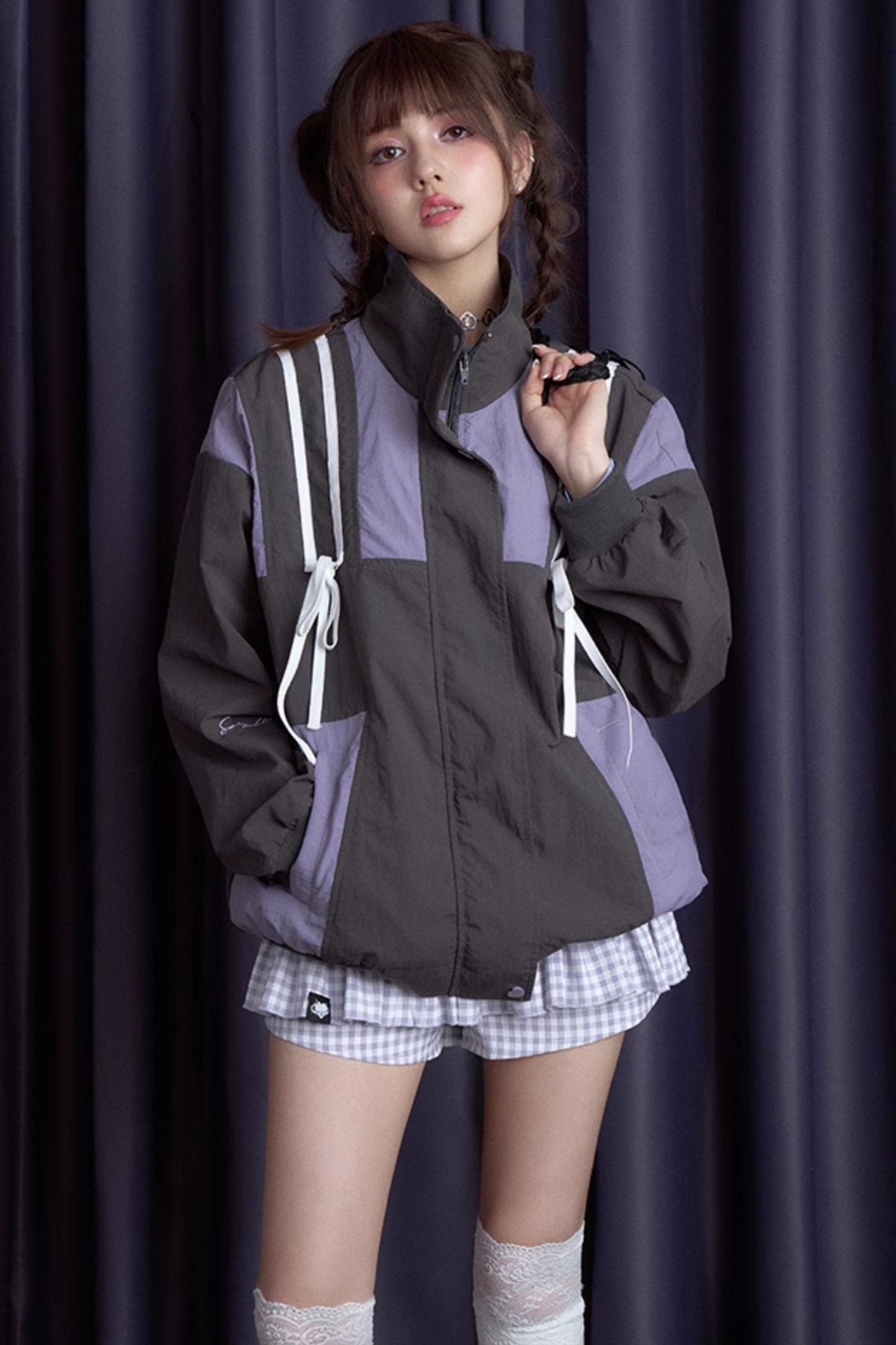 Loose Gray & Purple Windproof Jacket