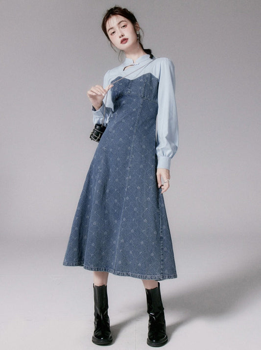 Button Jacquard Denim Dress