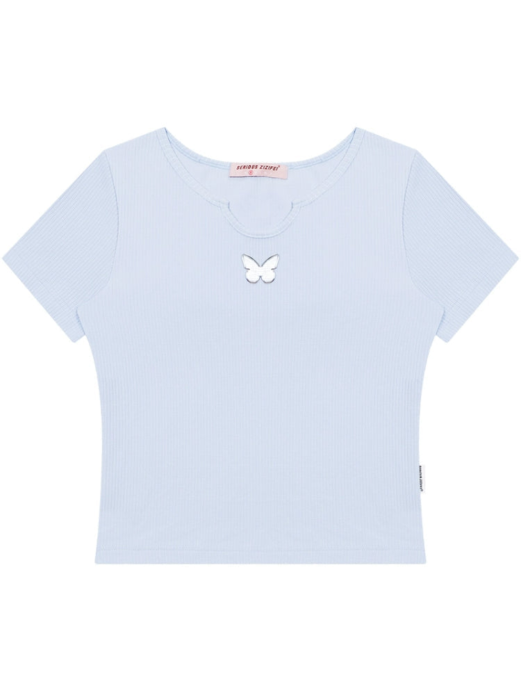 U-neck butterfly short sleeve T-shirt