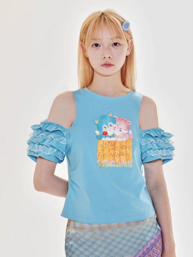 Kitten print off-shoulder tops and oversized loose T-shirt – BellaModa