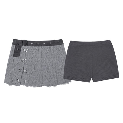 Gray Rhombus Knitted Skirt & Shorts Set