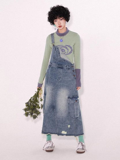 Loose denim suspender skirt