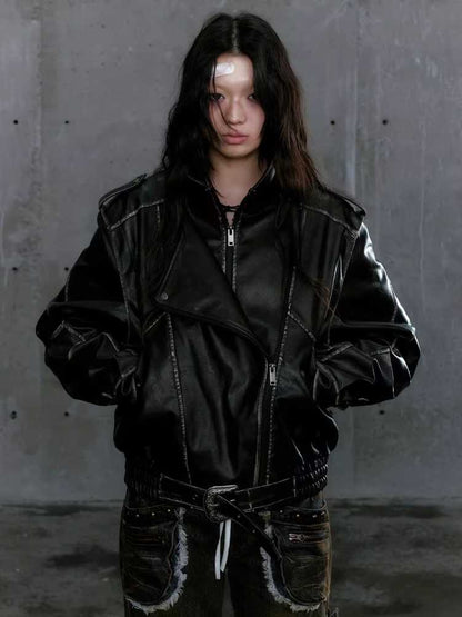 Retro double zipper leather jacket