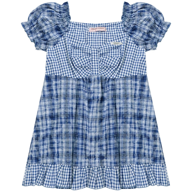 Checkered Plaid Puff Sleeve T-Shirt