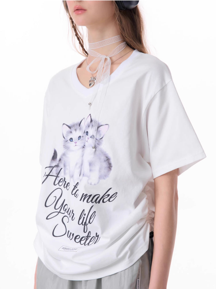 Cat print V-neck short sleeve T-shirt