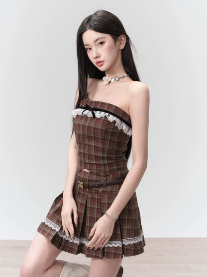 Plaid Bandeau College Waist Set