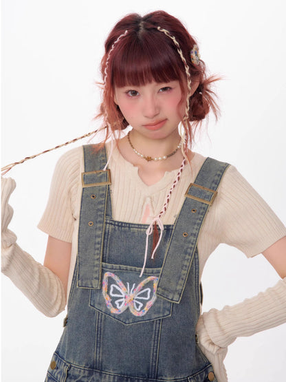 Denim suspender skirt