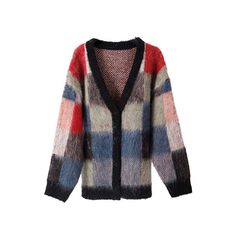 Color-Block-Strickjacke aus Wolle mit Karomuster