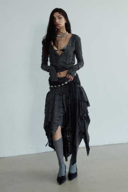 Dark Stray Distressed Knitted T Skirt Set