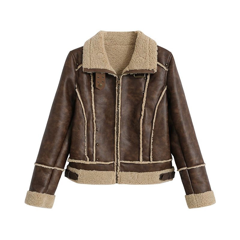 Brown Fleece Retro Biker Jacket