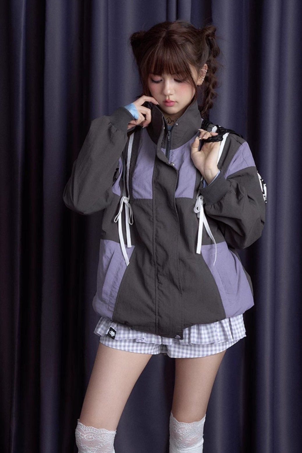 Loose Gray & Purple Windproof Jacket