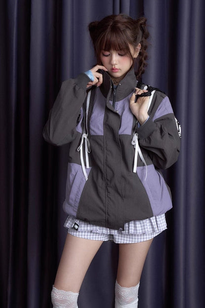 Loose Gray & Purple Windproof Jacket