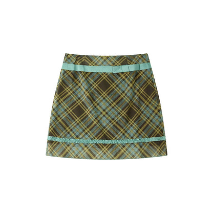 Color-Blocked Satin Plaid Skirt