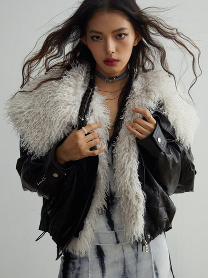 Removable large fur collar imitation leather jacket