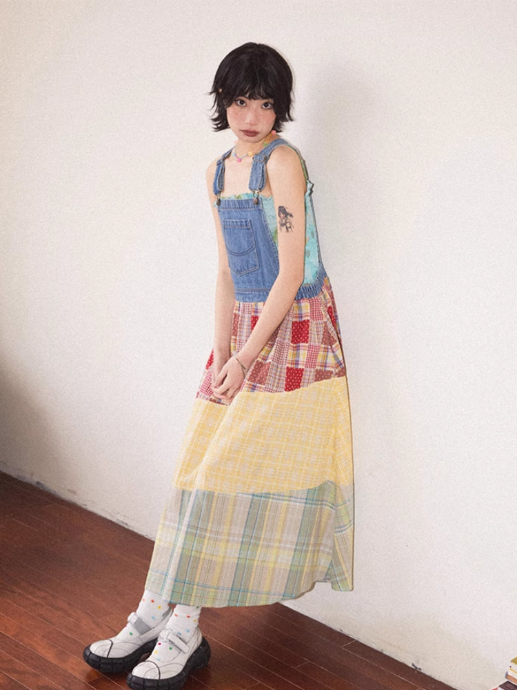 Denim patchwork suspender dress