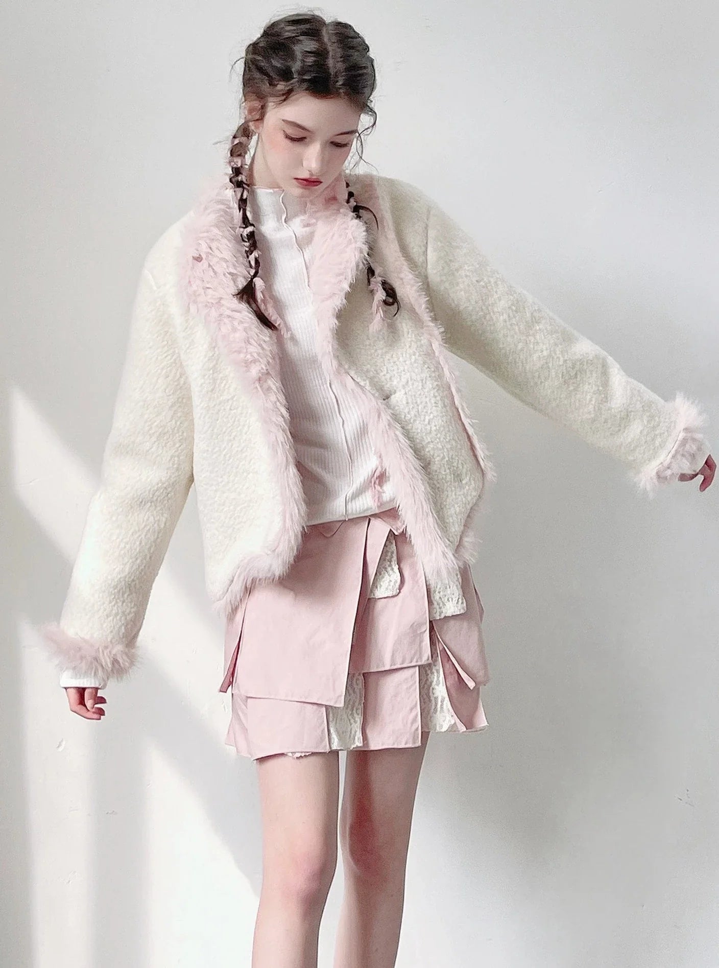 Imitation fur short coat with short skirt set