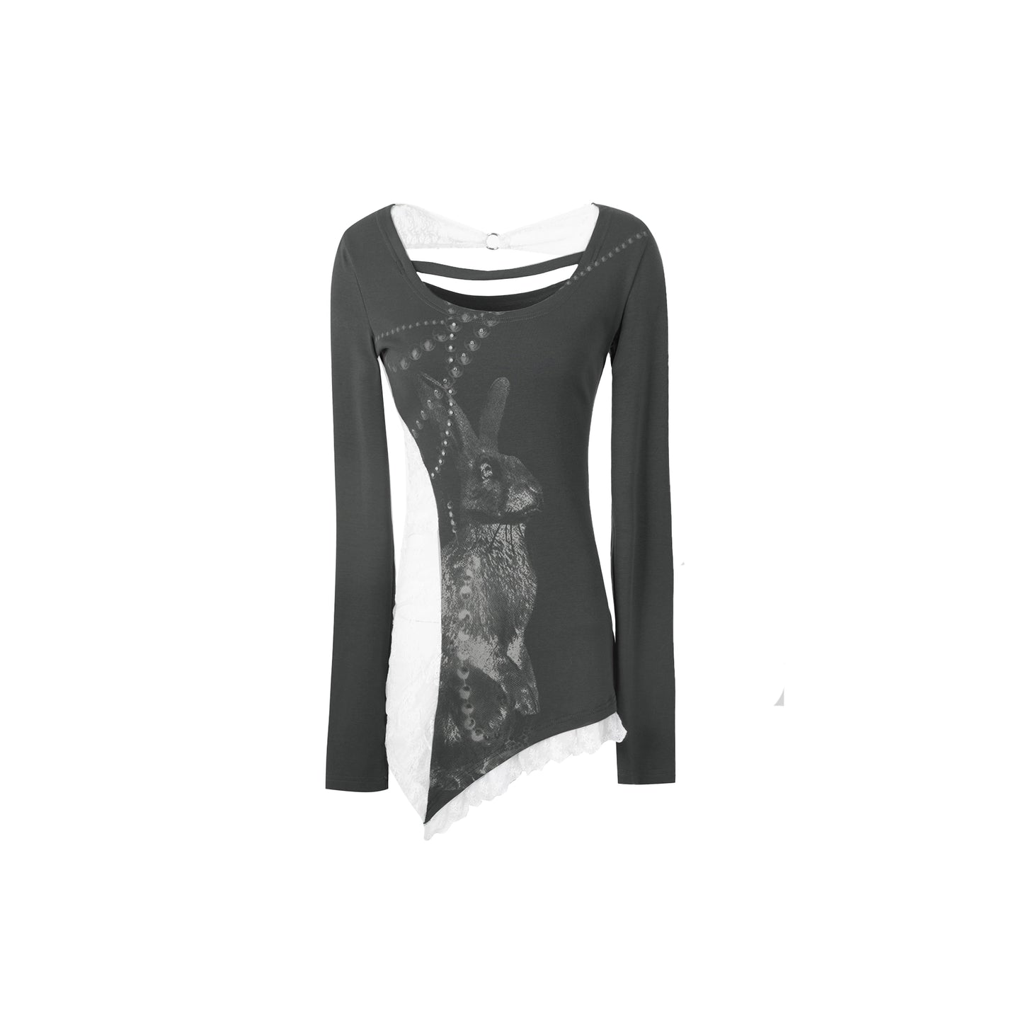 Bunny Print Lace Panel Long Sleeve Top