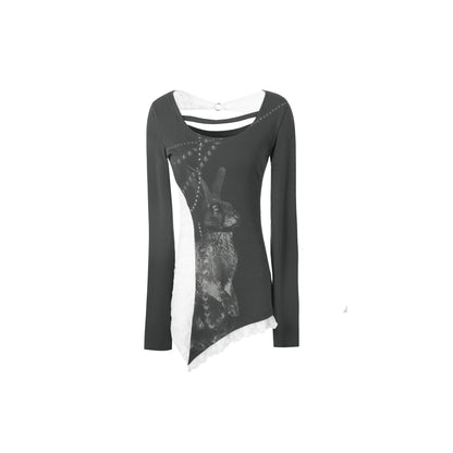 Bunny Print Lace Panel Long Sleeve Top