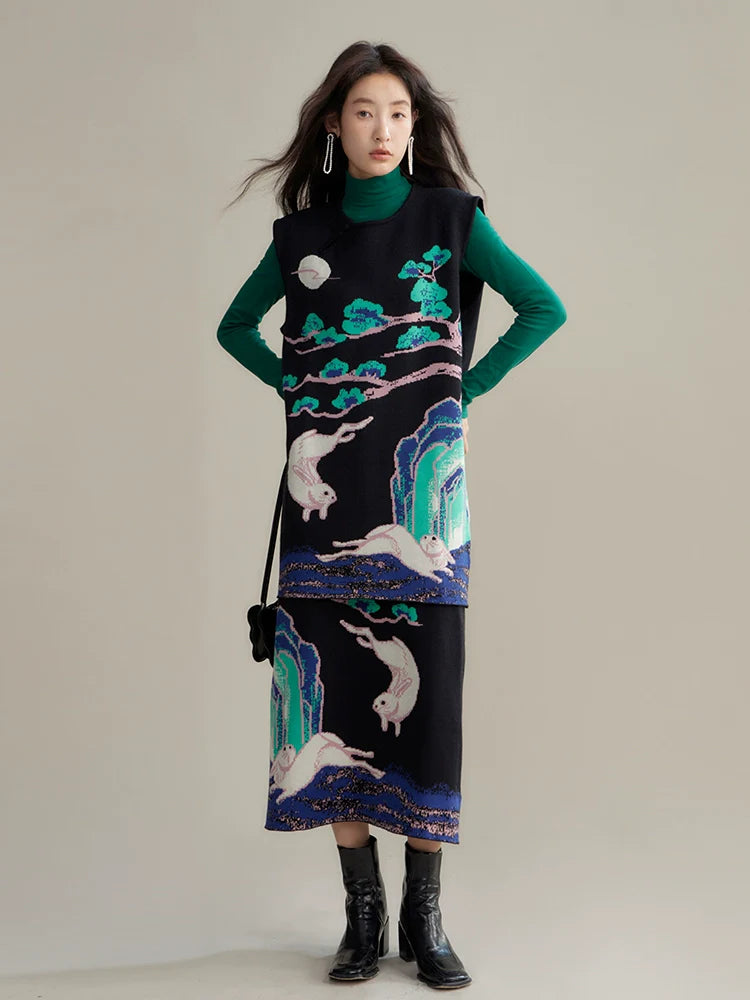 Chinese style retro pattern wool skirt