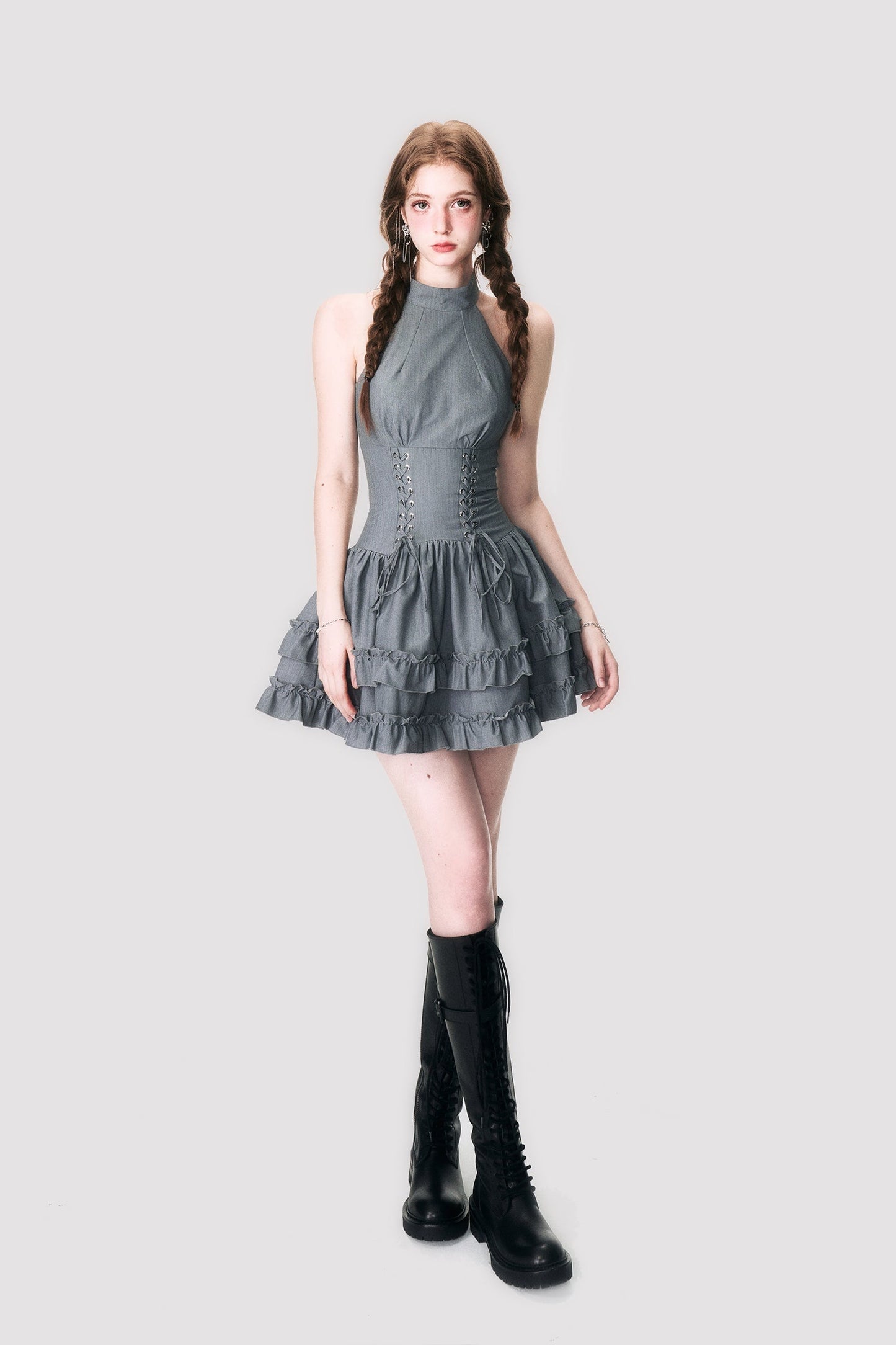 Halter Neck Lace-Up Ruffle Dress