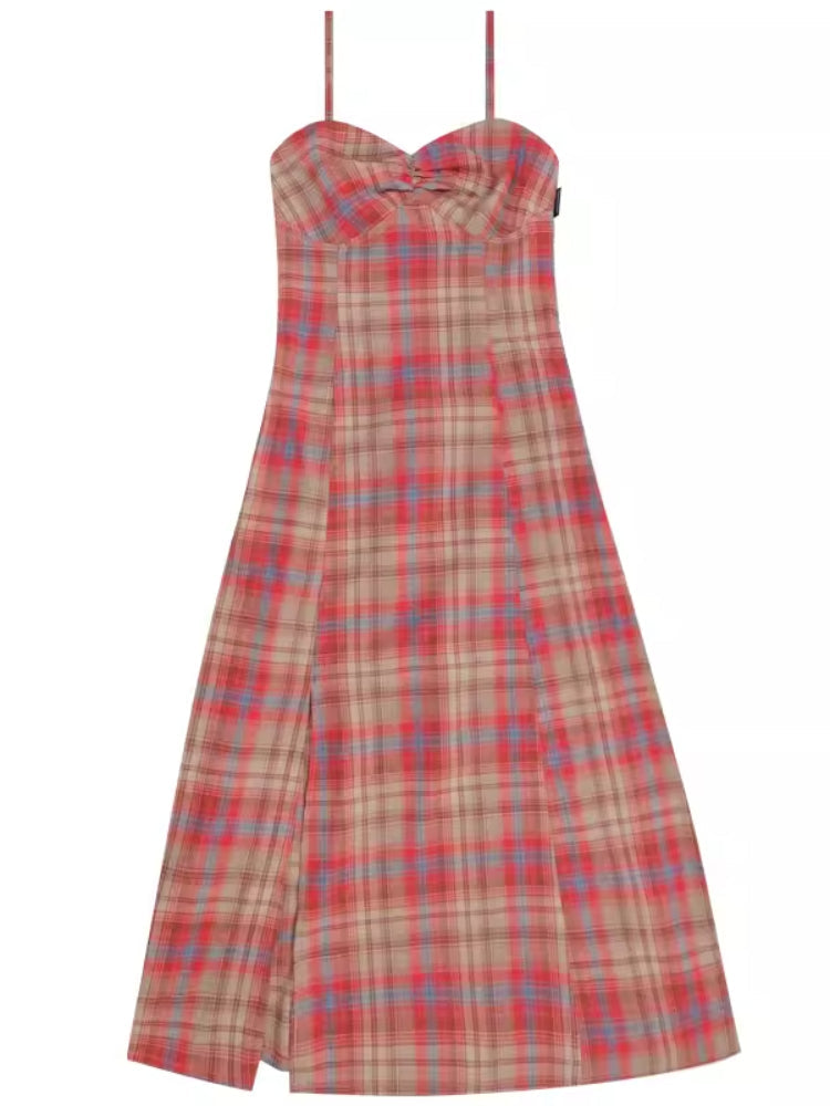 Retro plaid suspender dress