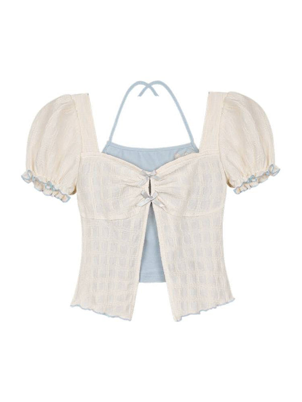Fake two-piece puff sleeve top