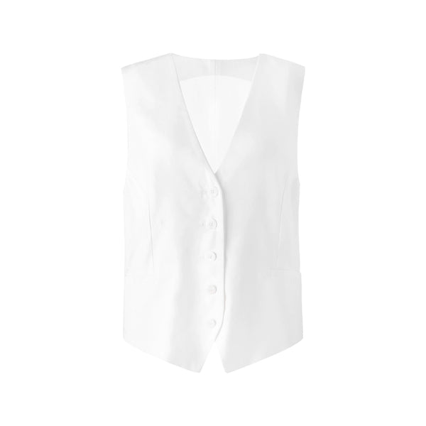 White Collarless V-Neck Loose Suit Set-Up