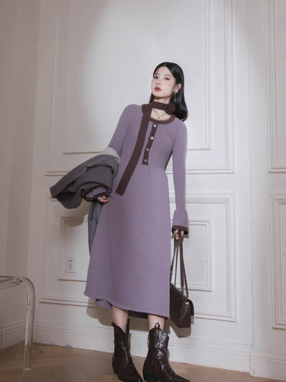 Brown U-Neck Diamond Wool Dress