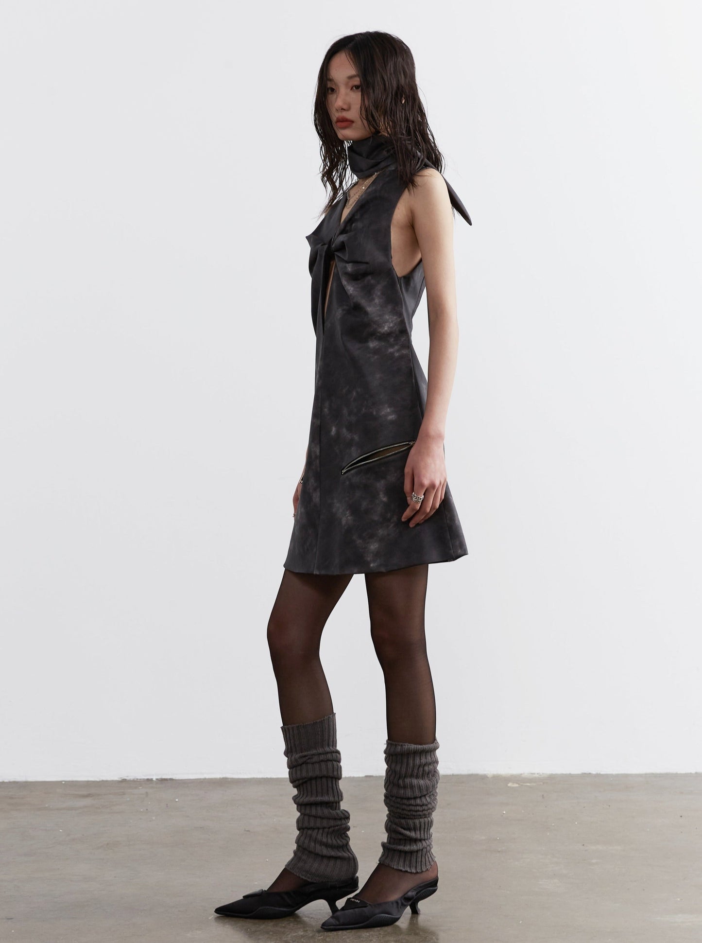 Ink-dyed leather scarf dress