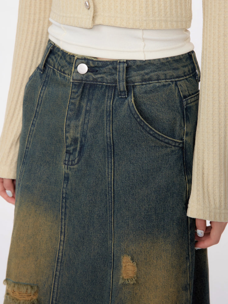 Distressed denim skirt